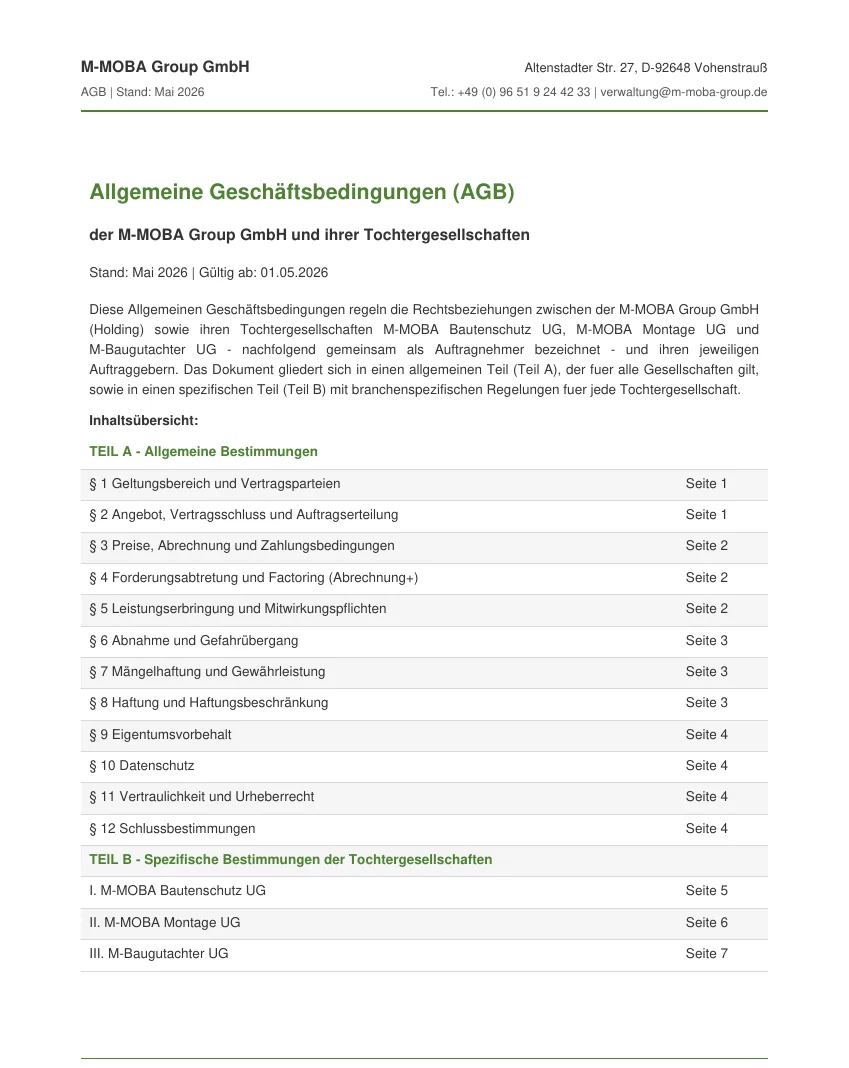 Deckblatt der originalen AGB der M-MOBA Group und ihrer drei Töchter