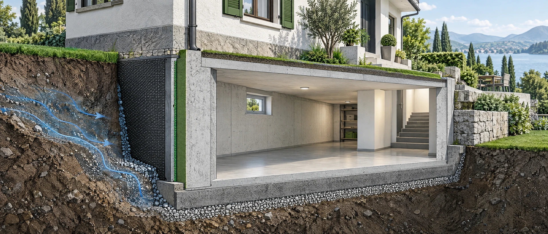 Gebäudeschnitt mit geschützter Kellerwand, mineralischer Fassade und Bodenfläche