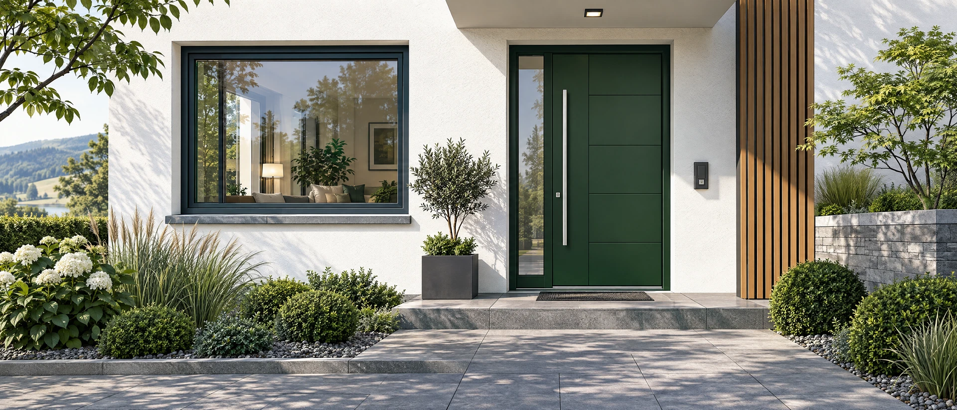 Fassade eines Wohnhauses mit Fenster, Haustür und ihren Bauteilanschlüssen