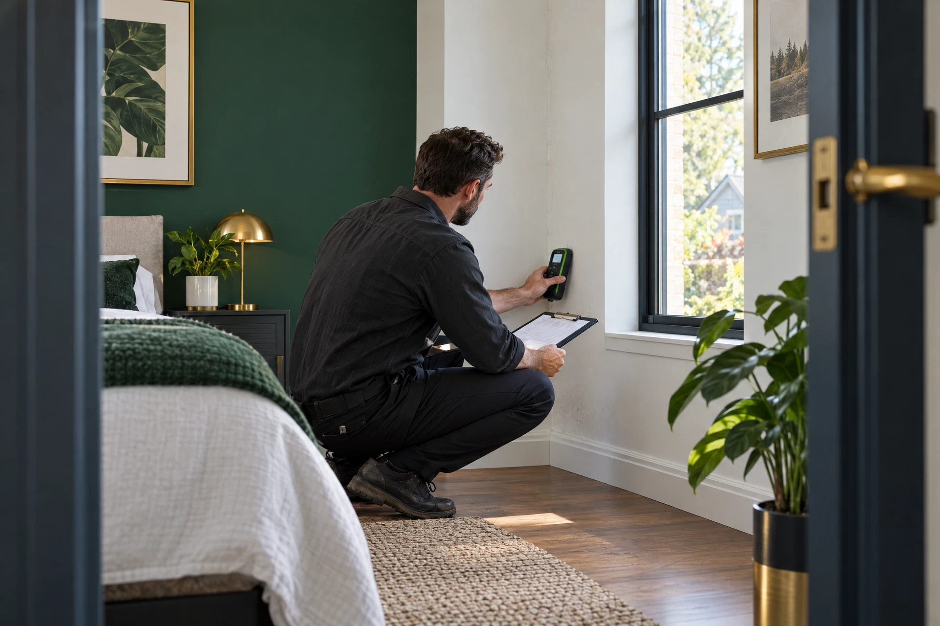 Gebäudeinnenraum mit Messgerät und Unterlagen für einen Immobilien-Check