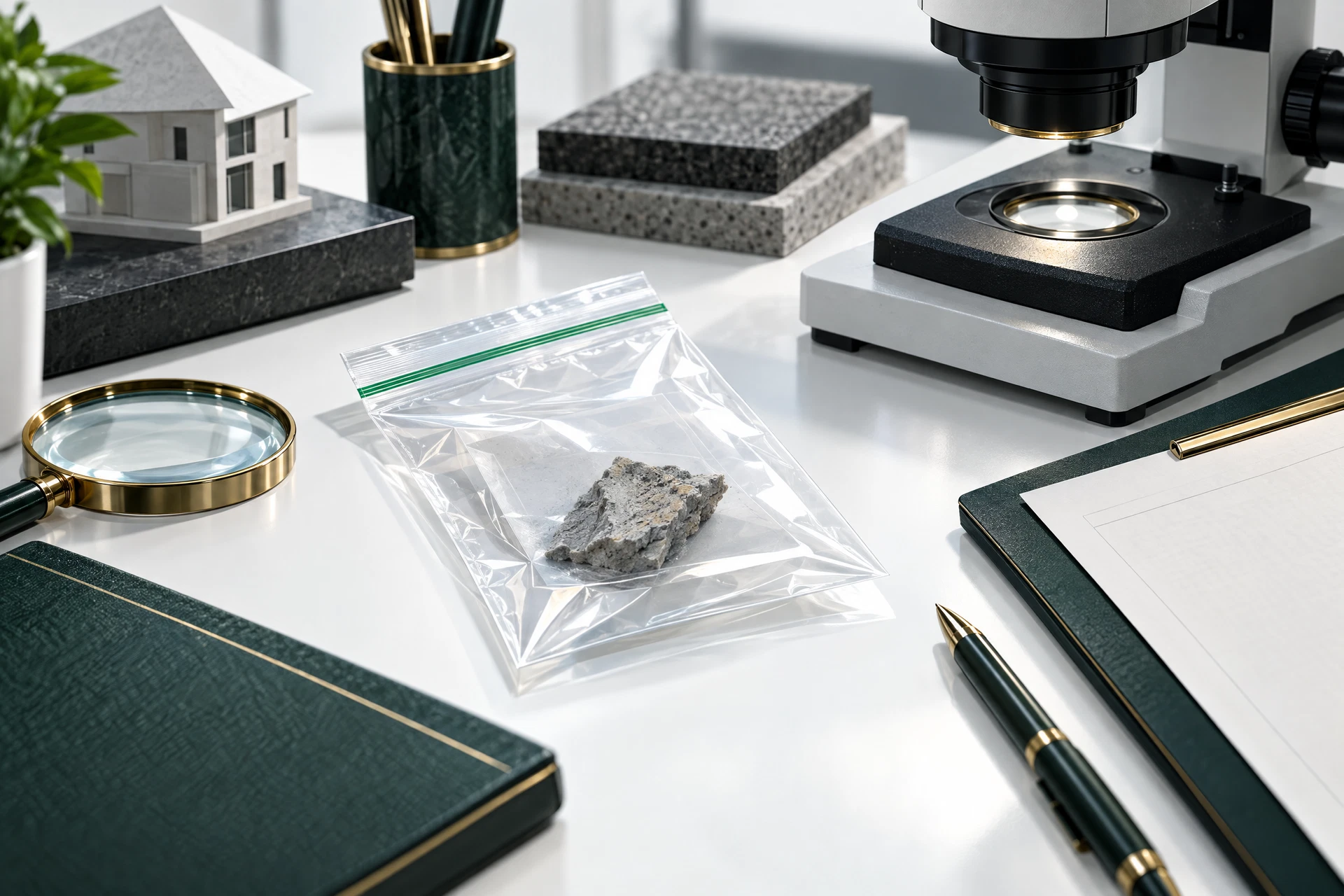 Verschlossene Materialprobe auf einem Untersuchungstisch
