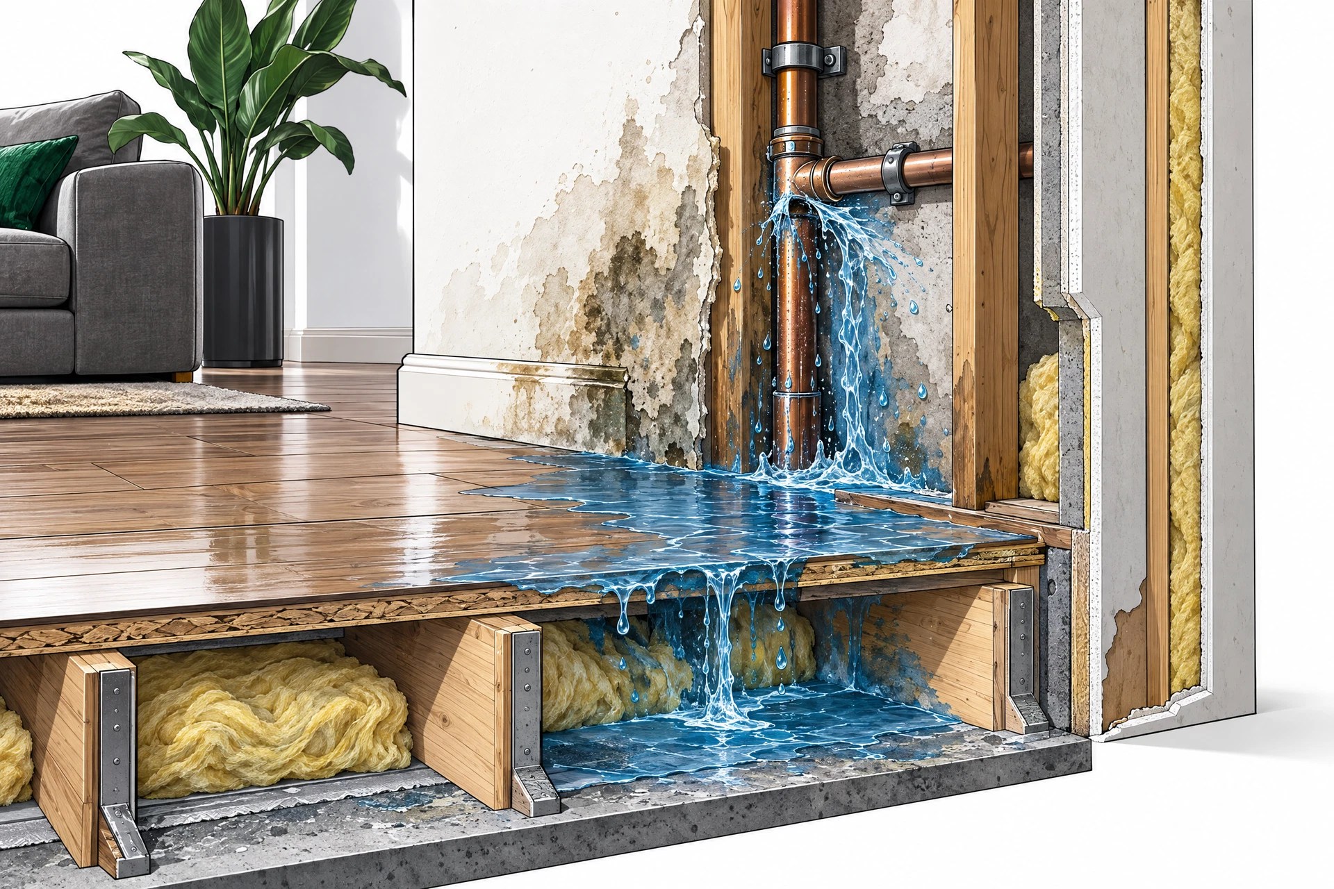 Illustration einer undichten Leitung mit Feuchte an Wand und Bodenaufbau