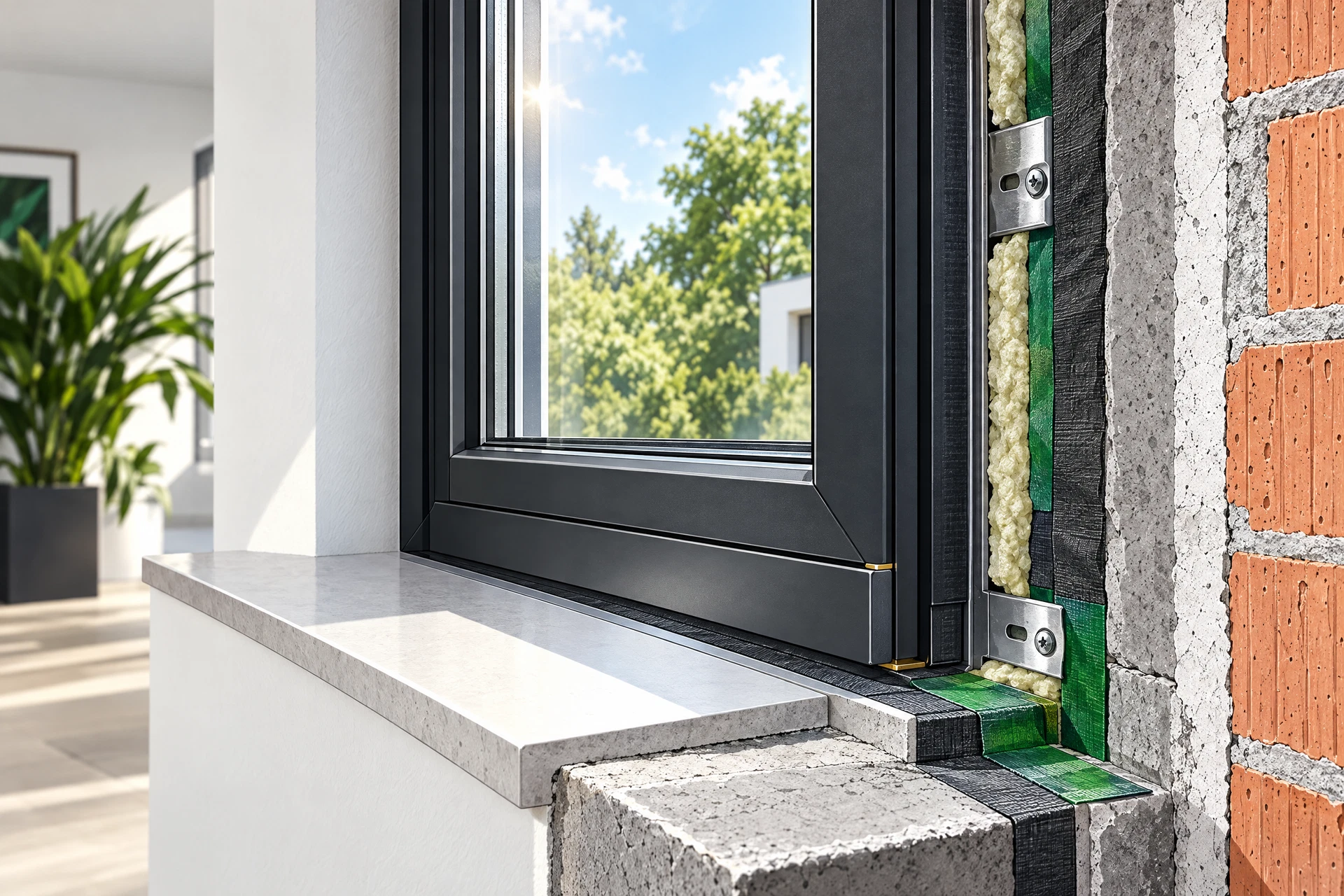 Illustration eines Fensterrahmens im Mauerwerk mit gedämmtem Anschluss