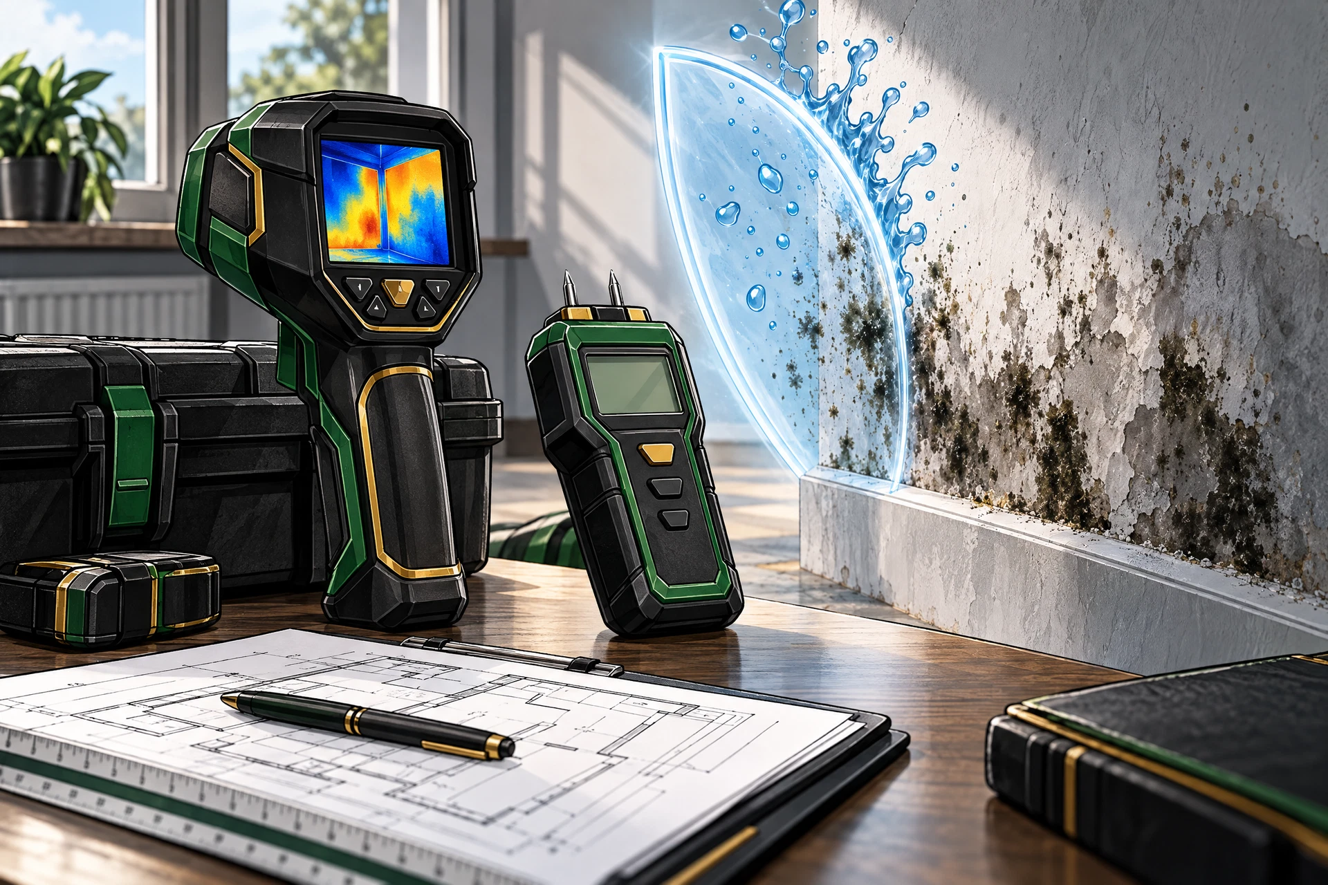 Illustration von Feuchtemessgerät, Thermografiekamera und Bauunterlagen vor einer Wand