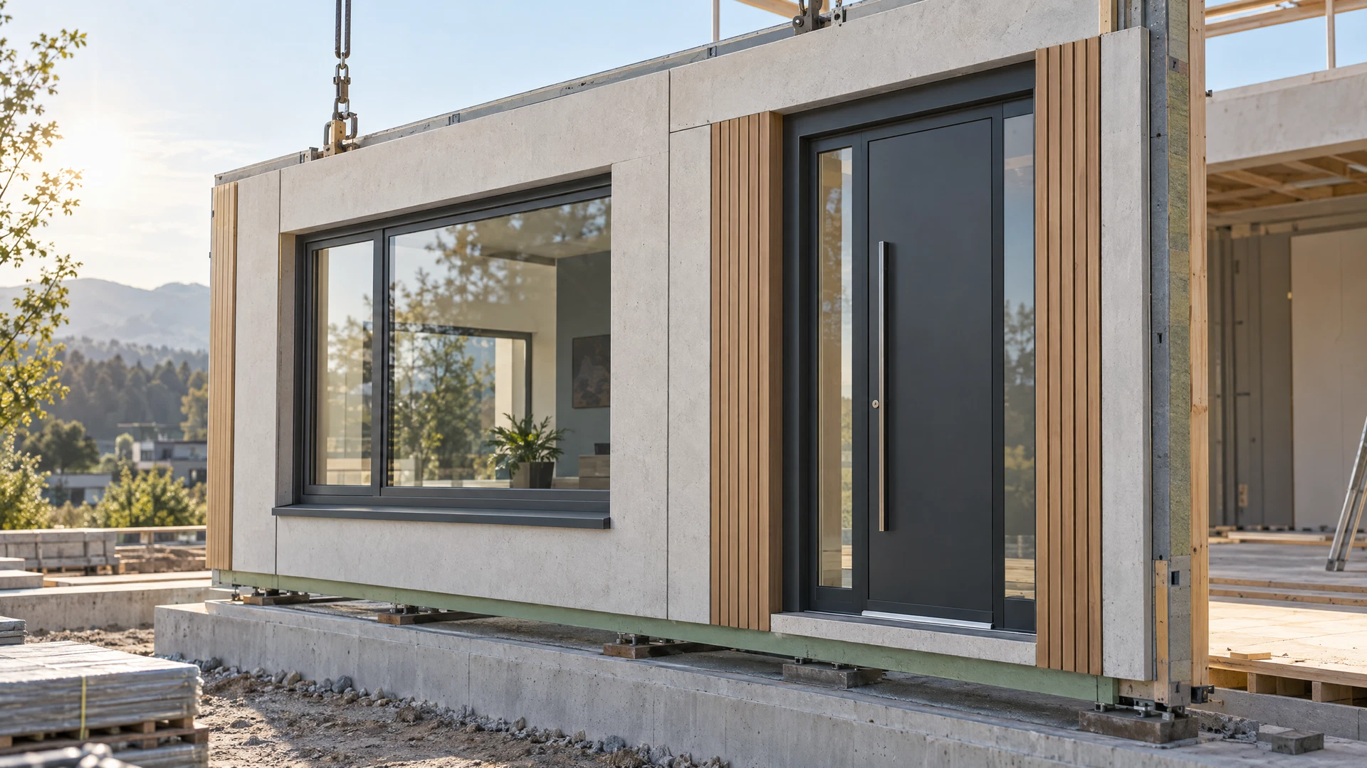 Fassadenabschnitt mit eingebautem Fenster und separater Eingangstür